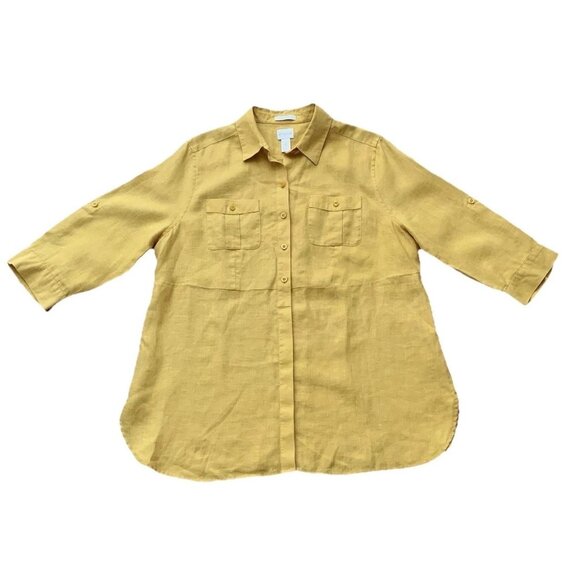 Chico’s 100% Linen 1/4 Button Front Tunic Shirt Top Yellow Size 12 Popover - Picture 1 of 11